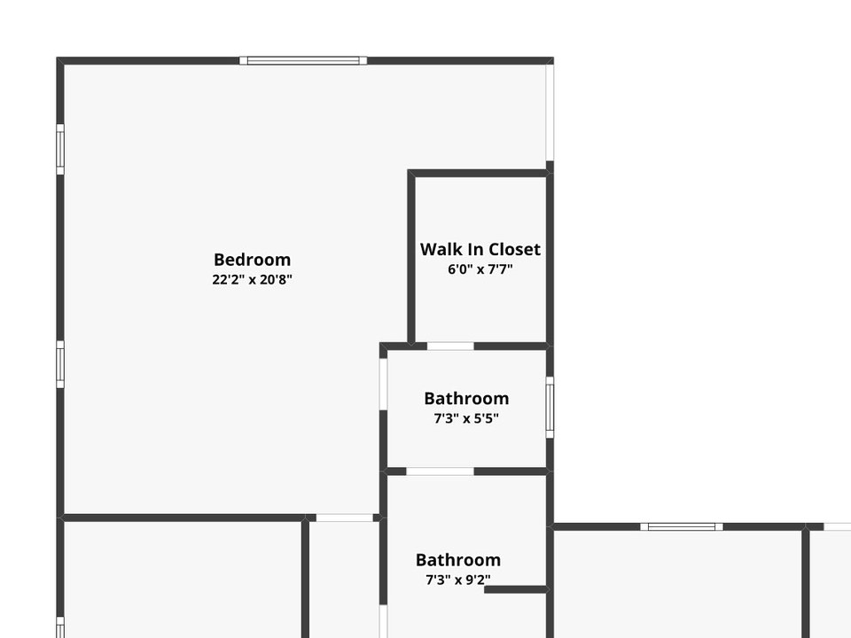 Floor plan detail: the shared bedroom, about 22 by 20 feet, next to a walk-in closet and a bathroom
